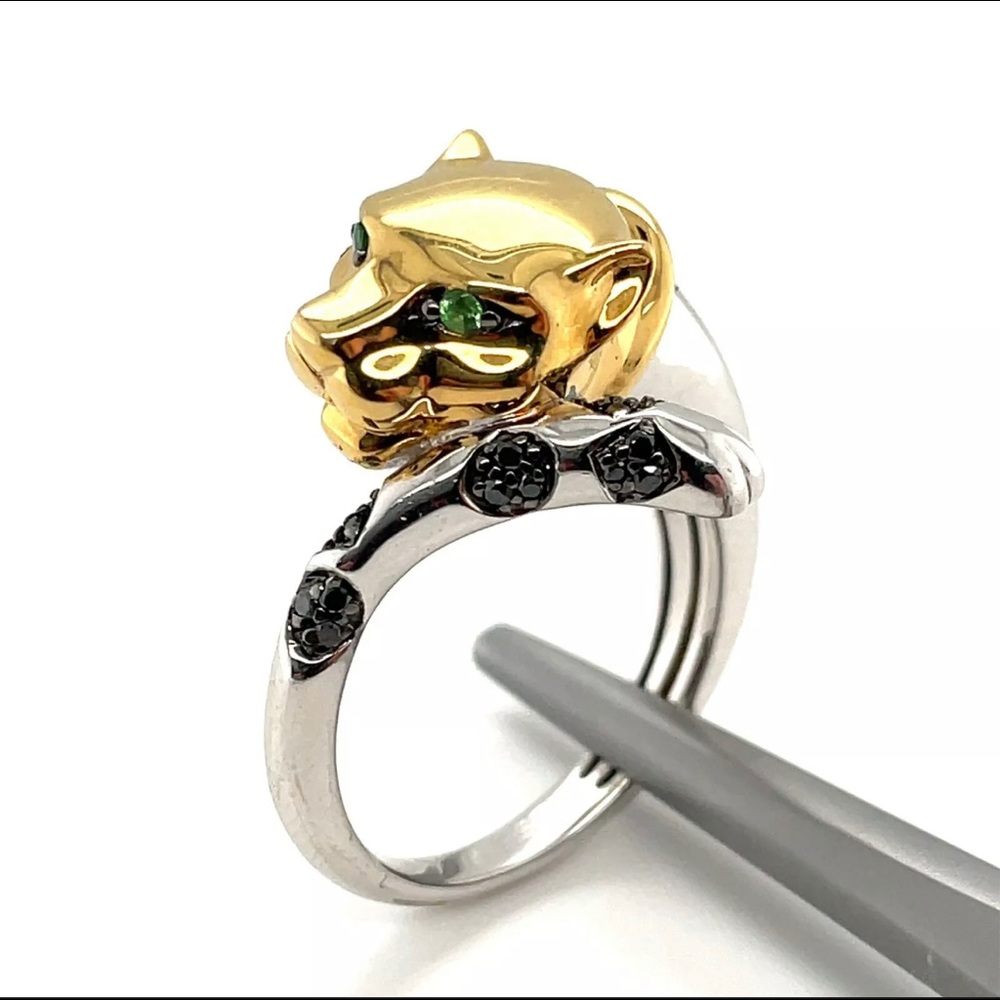 EFFY 925 Sterling Silver Tsavorite & Black Diamond Panther Ring